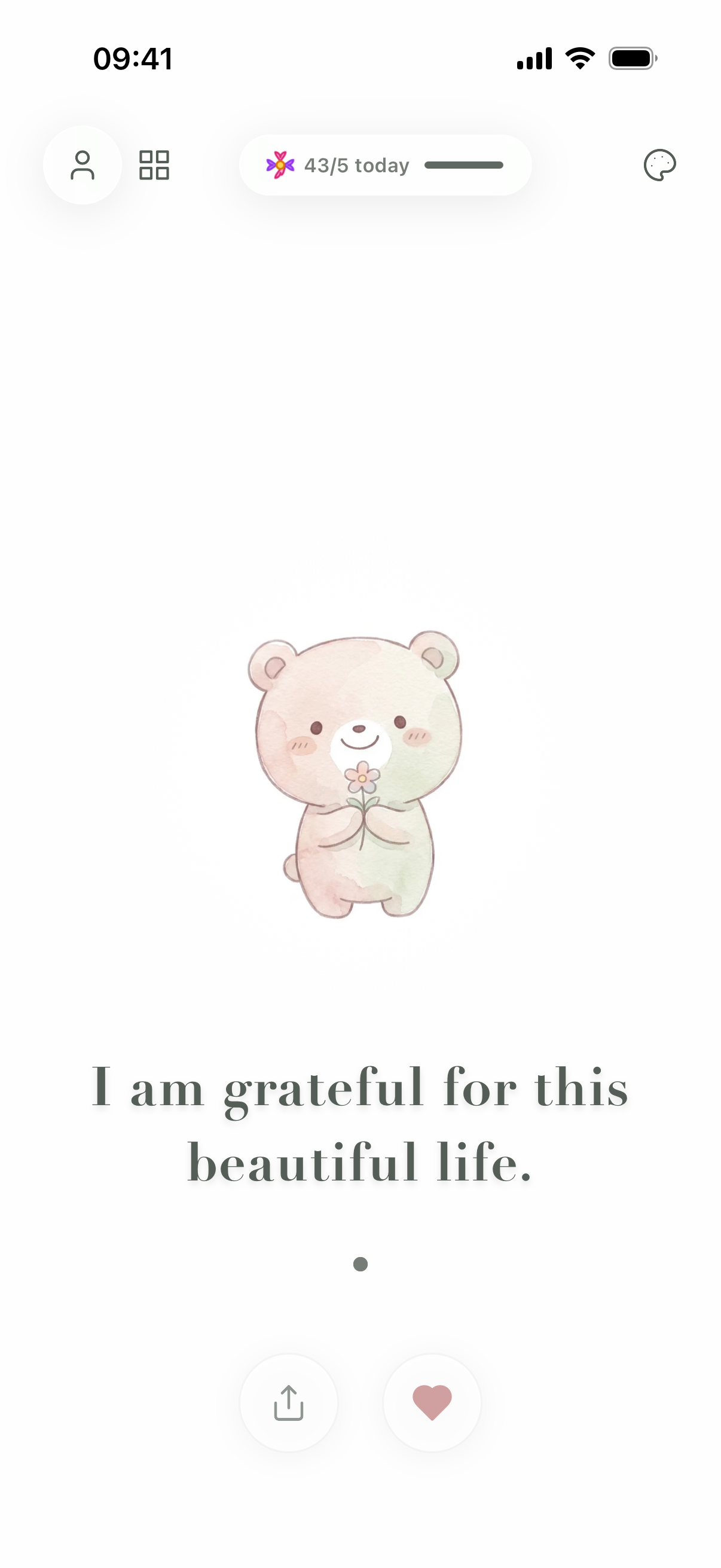 she affirms home screen showing a kawaii bear illustration with the affirmation 'I am grateful for this beautiful life.'